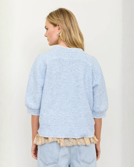 Heathered Contrast Trim Short Sleeve Sweater