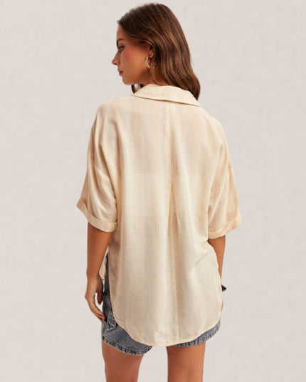 Stripe Collared Button Down Short Sleeve Top