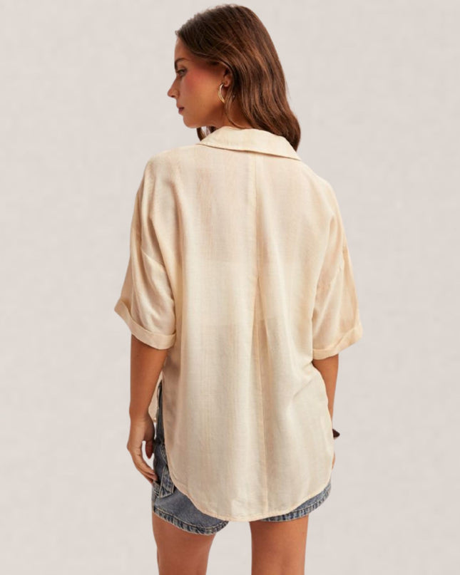 Stripe Collared Button Down Short Sleeve Top