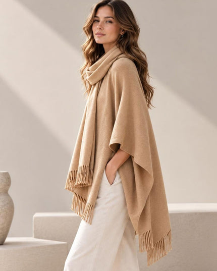 Fringe Trim Oversized Scarf Poncho
