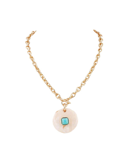 Stone Center Round Natural Stone Pendant Gold Chain Toggle Necklace