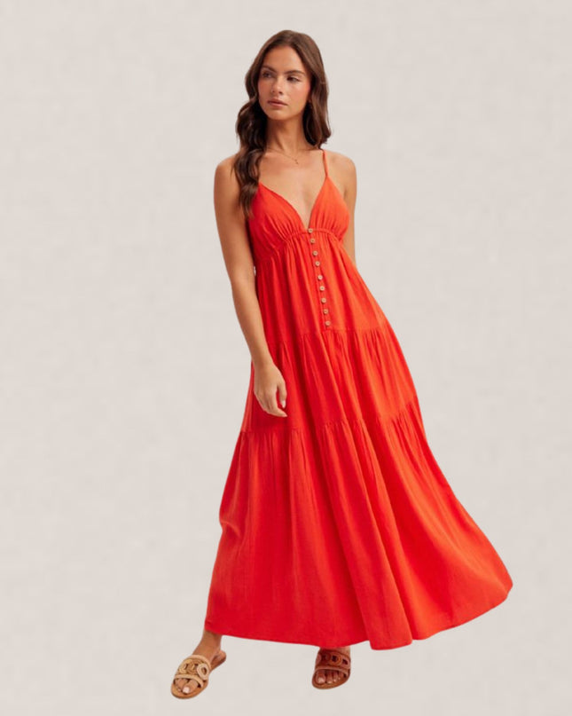 V Neck Front Button Detail Tiered Sleeveless Maxi Dress