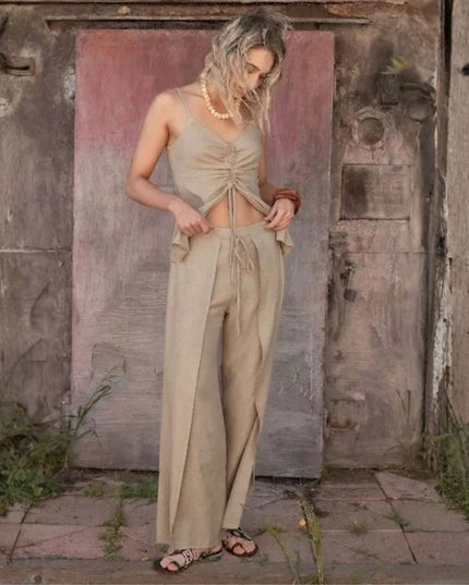 Open Front Slit Wide Leg Elastic Tie Waist Pants