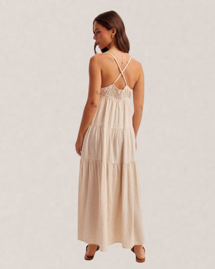 V Neck Front Button Detail Tiered Sleeveless Maxi Dress