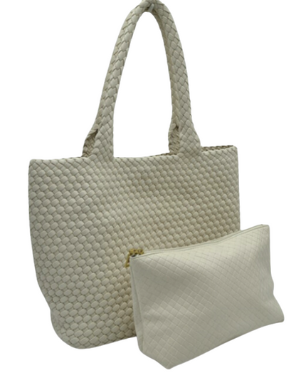 Woven Double Strap Woven Leather Tote Bag With Pouch