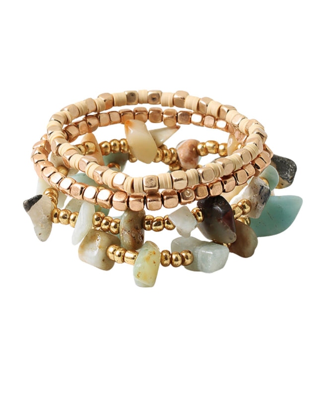 Spaced Chip Stone Gold Cube Beaded 4 Bracelet Set