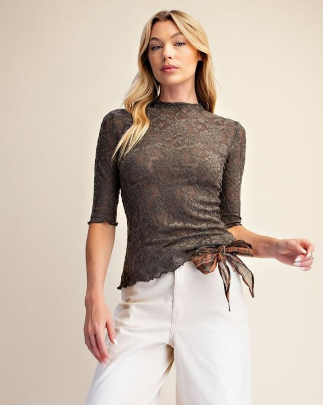 Textured Lace Half Sleeve Fitted Top