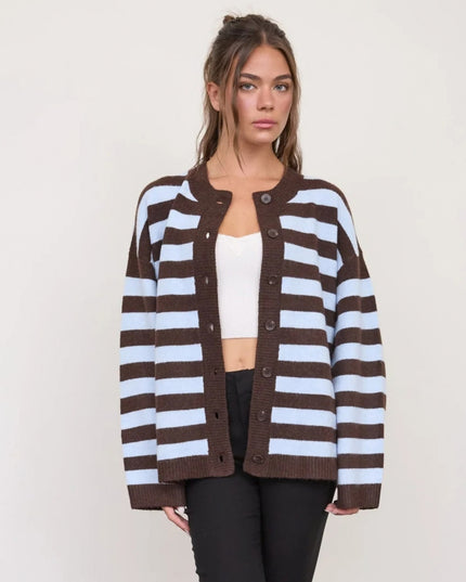 Striped Round Neck Boxy Button Down Cardigan Sweater
