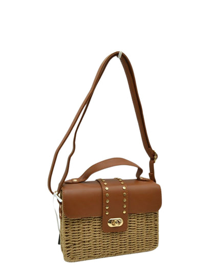 Boxy Straw Vegan Leather Detail Shoulder Bag