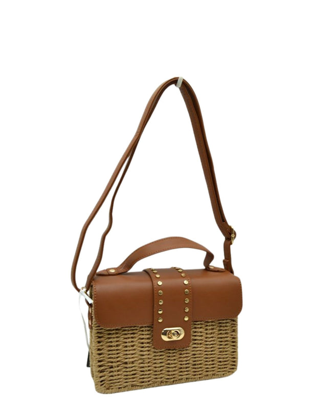 Boxy Straw Vegan Leather Detail Shoulder Bag