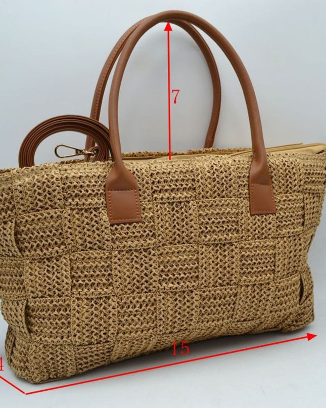 Rectangle Straw Wide Weave Vegan Handle Shoulder Bag