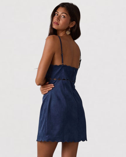 Suede Scallop Cut V Neck Mini Dress