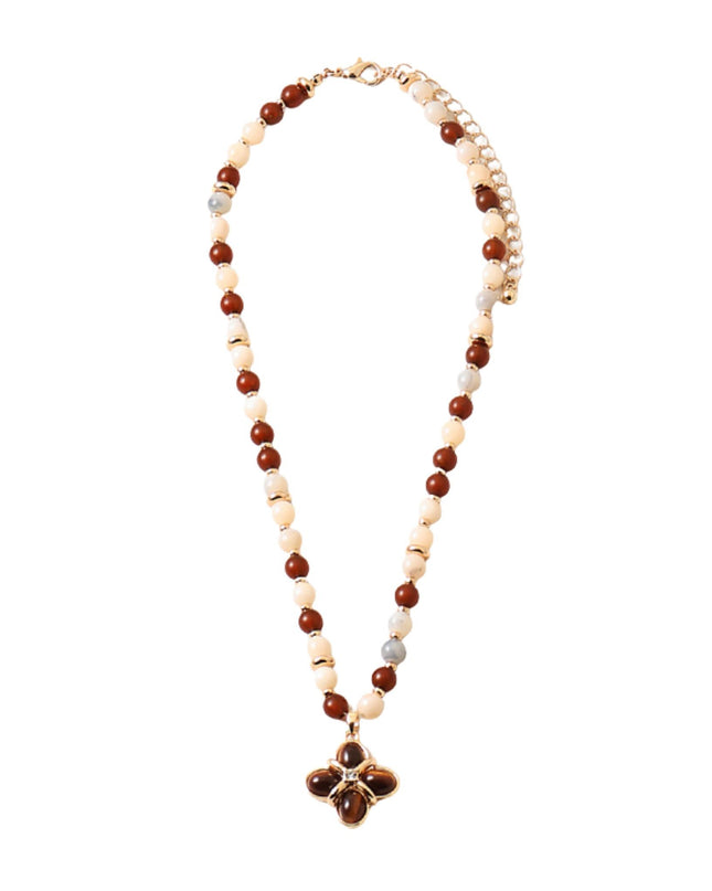 Tigers Eye Clover Pendant Resin Beaded Gold Metal Ball Bead Necklace