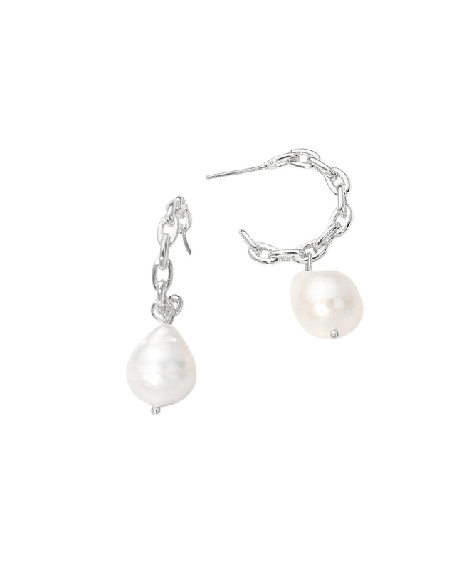 Pearl Drop Chain Link Hoop Earrings