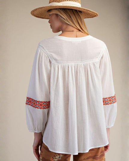 Embroidered Long Sleeve Gauze Baby Doll Top