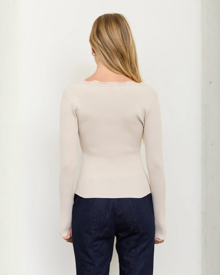 Square Neck Lace Trim Ribbed Sweater