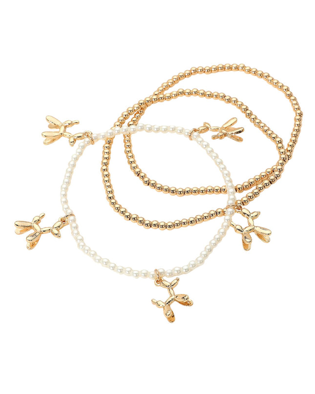 Balloon Dog Charm Metal Ball Pearl Bead 3 Layered Bracelets