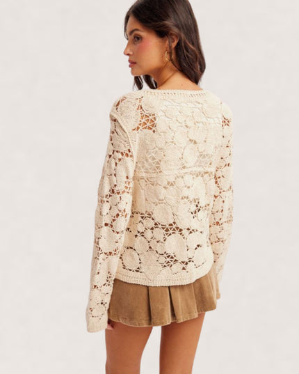 Open Crochet Button Down Cardigan Sweater