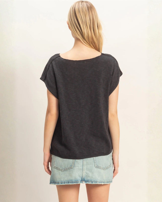 Notched V Neck Short Sleeve Top