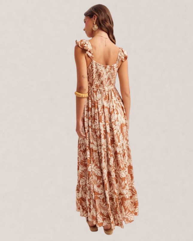 Tropical Print Ruffle Strap Midi Dress