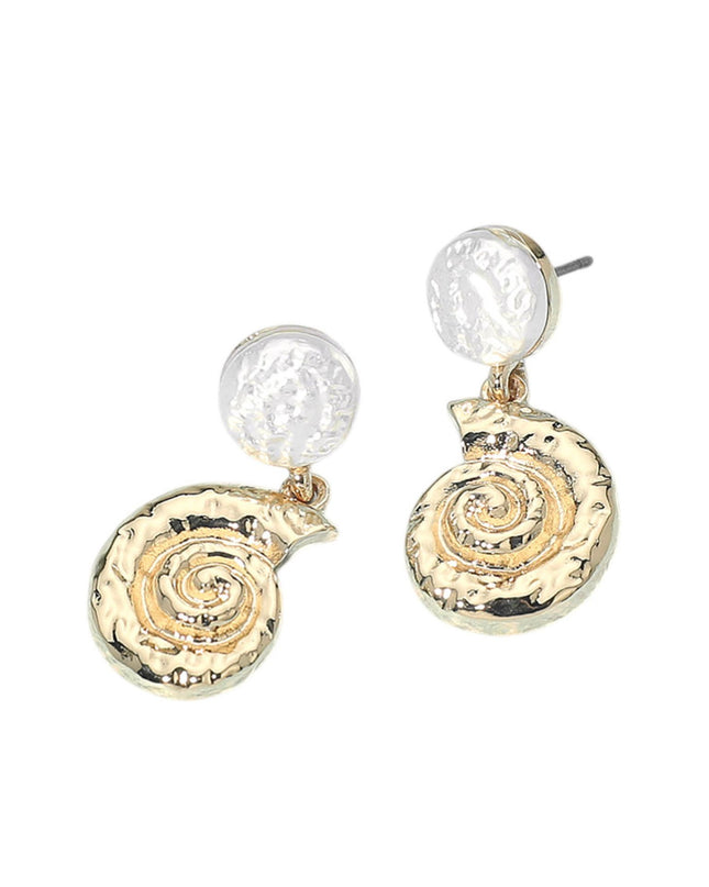 Pearl Accent Textured Metal Spiral Shell Drop Dangle Earrings