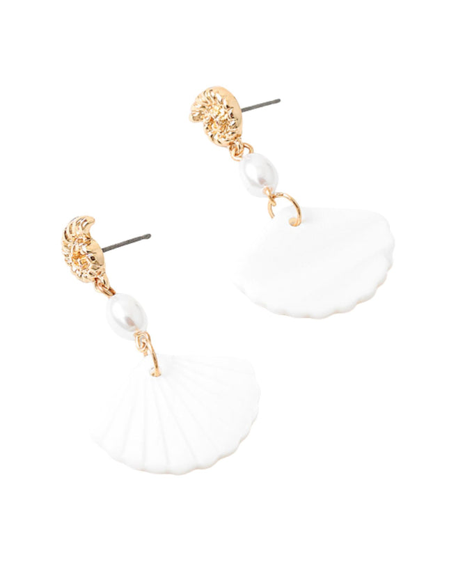 Metal Swirl Shell White Sea Shell Pearl Droplet Earrings