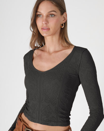 Lace Textured V Neck Long Sleeve Top