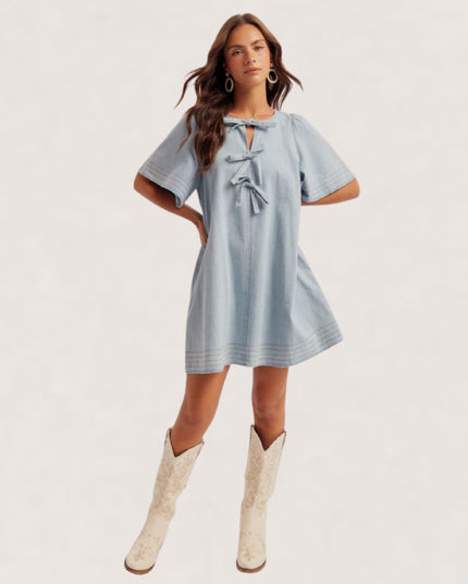 Triple Bow Short Sleeve Denim Shift Mini Dress