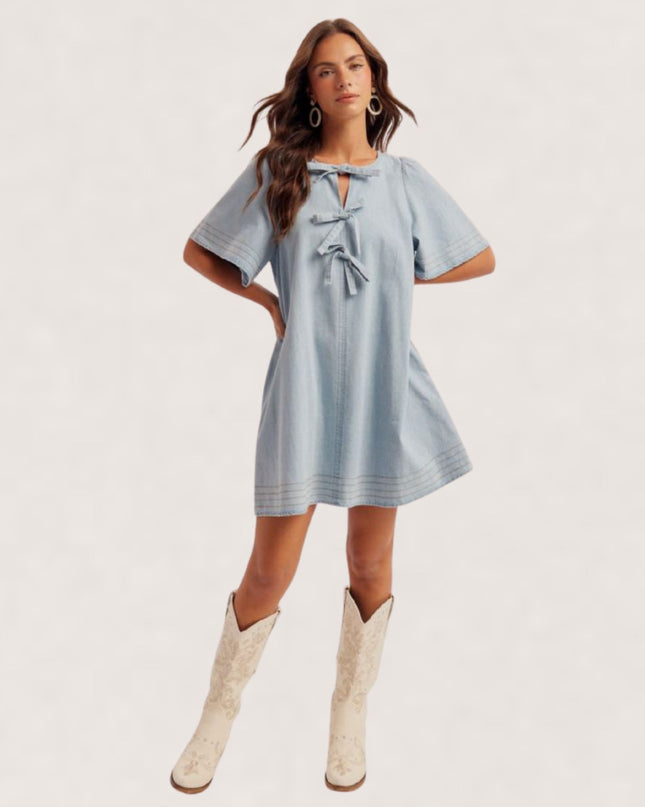 Triple Bow Short Sleeve Denim Shift Mini Dress