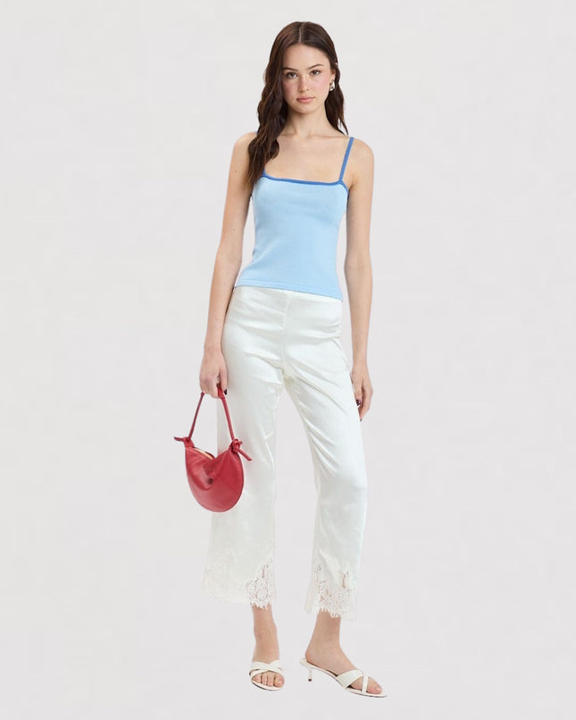 Lace Accent Ankle Length Satin Shine Pants