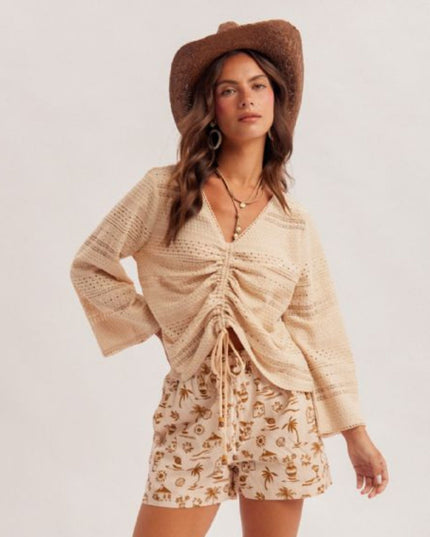 V Neck Drawstring Lace Trim Bell Sleeve Top