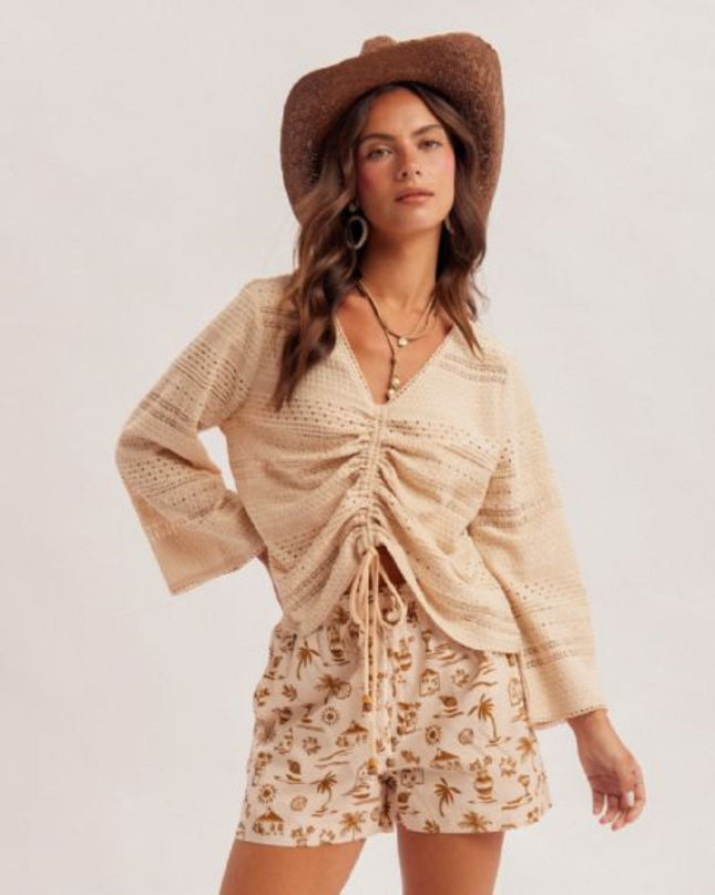V Neck Drawstring Lace Trim Bell Sleeve Top