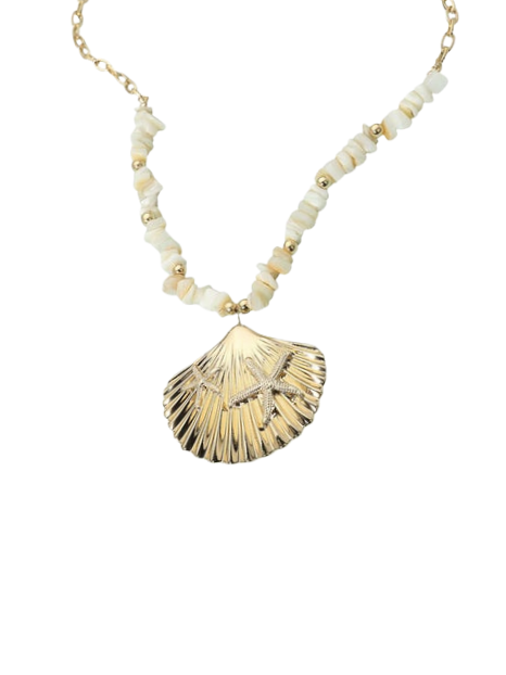Gold Sea Shell Starfish Stone Beaded Necklace