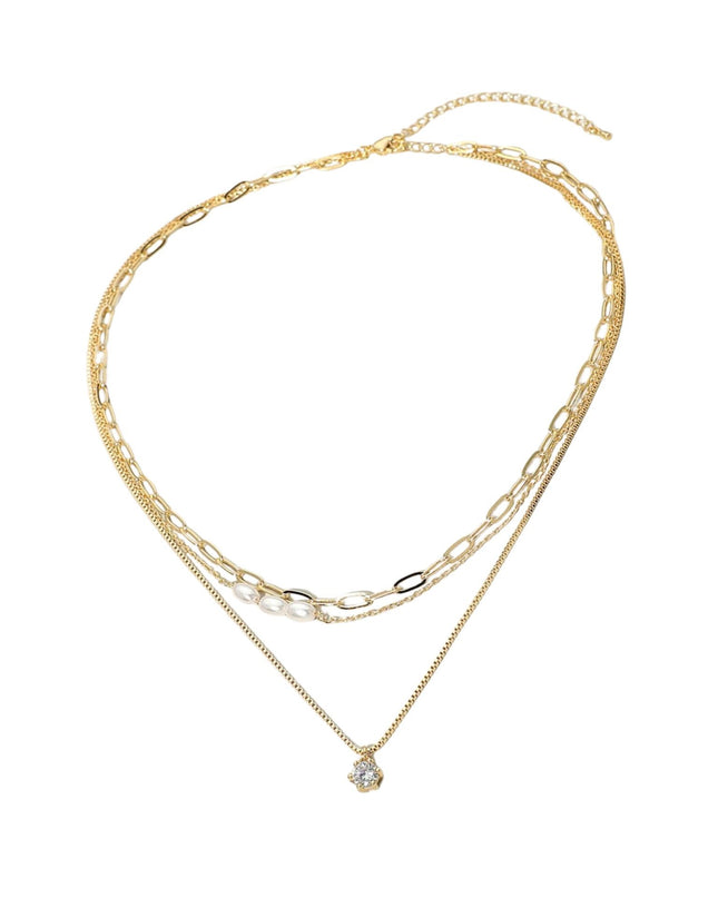 Stone Pendant Pearl Bead Paperclip Chain Layered Necklace