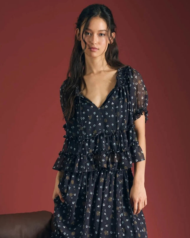 Floral Printed Smocked Neckline Front Tie Puff Short Sleeve Top