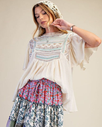 Wing Sleeve Embroidery Gauze Baby Doll Tunic Top