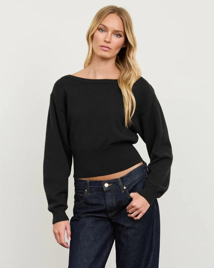 Boat Neck Off Shoulder Dolman Sleeve Fitted Waist Sweater