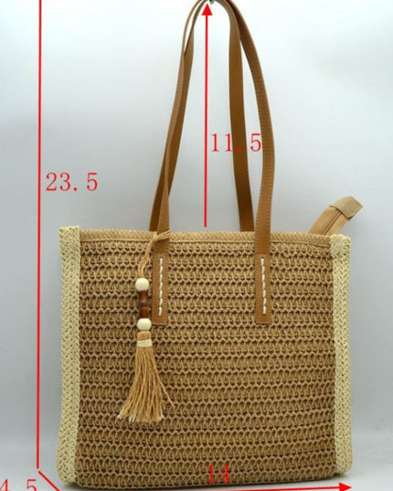 Beaded Tassel Straw Tote Bag