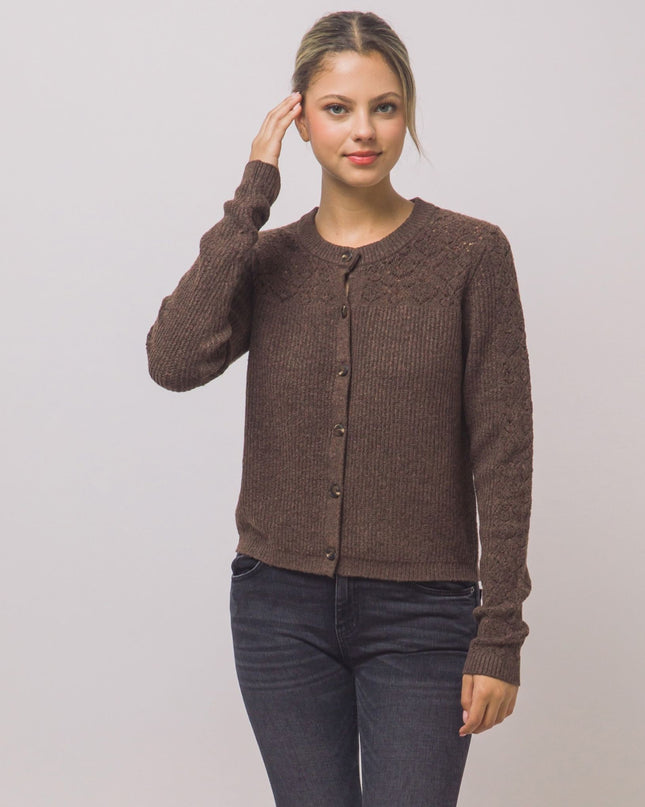 Pointelle Knit Sleeve Contrast Ribbed Button Down Cardigan Sweater