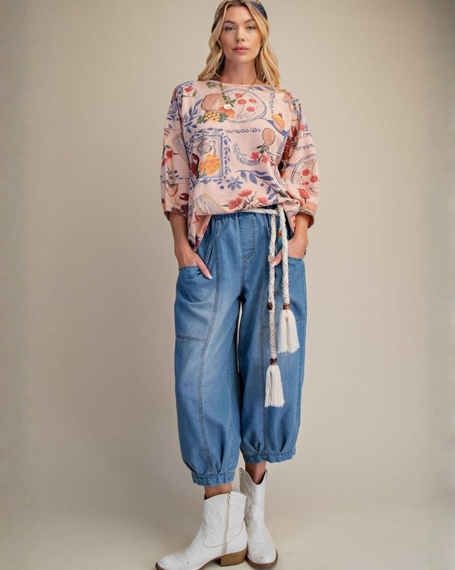 Elastic Waist Banded Bottom Washed Denim Pants