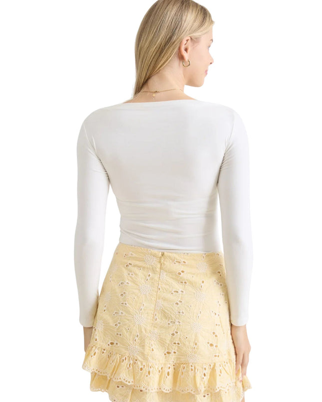 Boat Neck Pintuck Fitted Long Sleeve Top