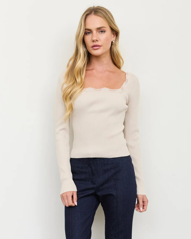 Square Neck Lace Trim Ribbed Sweater