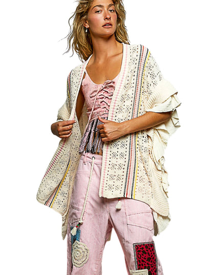 Vertical Strip Loose Knit Ruffle Sleeveless Open Cardigan Sweater