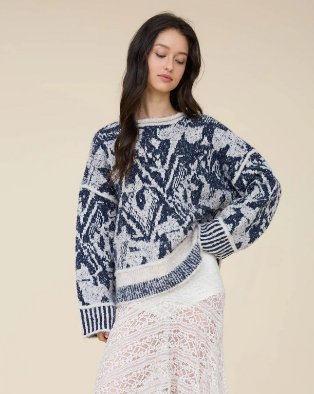 Heathered Geometric Print Raw Edge Sweater