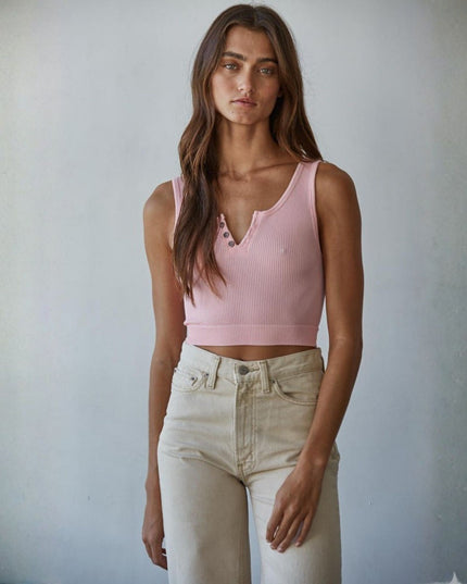 Henley Ribbed Modal Button Detail Crop Tank Top