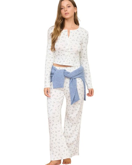 Elastic Waist Floral Pointelle Knit Pants