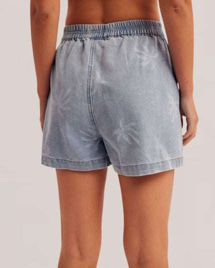 Palm Tree Printed Elastic Waist Denim Shorts