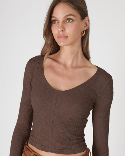 Lace Textured V Neck Long Sleeve Top