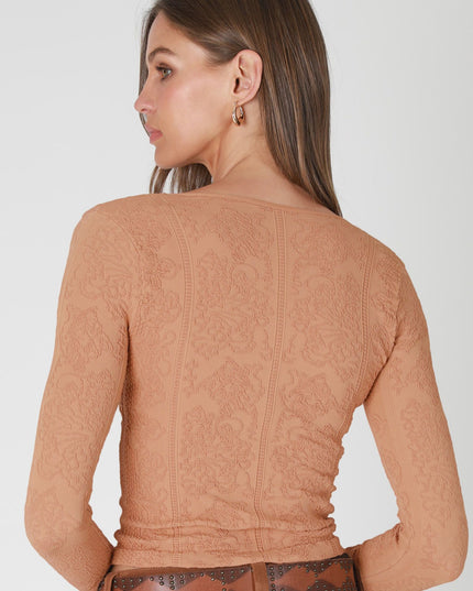 Lace Textured V Neck Long Sleeve Top