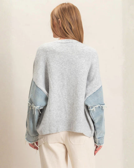 Denim Sleeves V Neck Cardigan Sweater